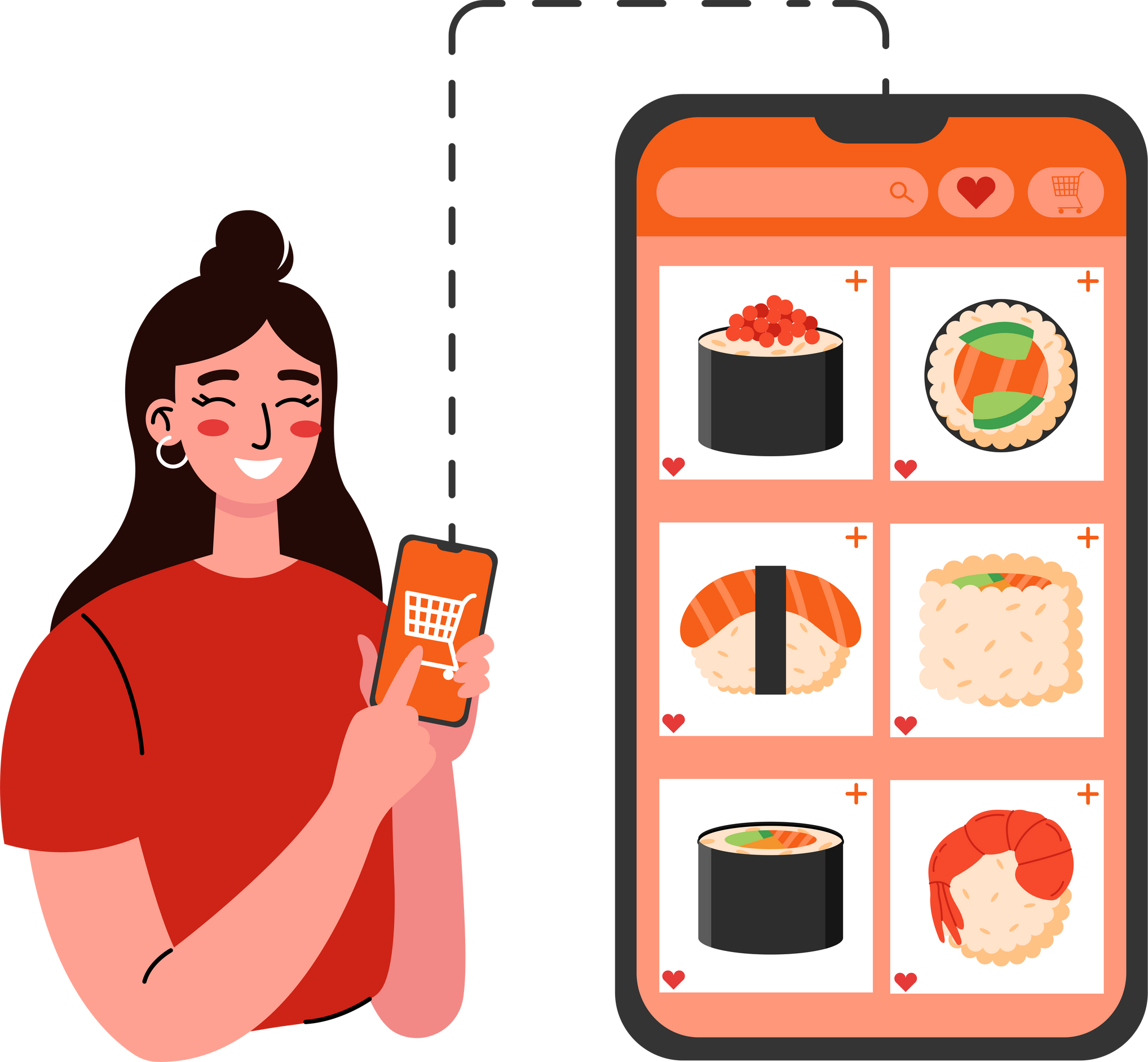 Online asian food order. Young woman using app and choosing sushi.